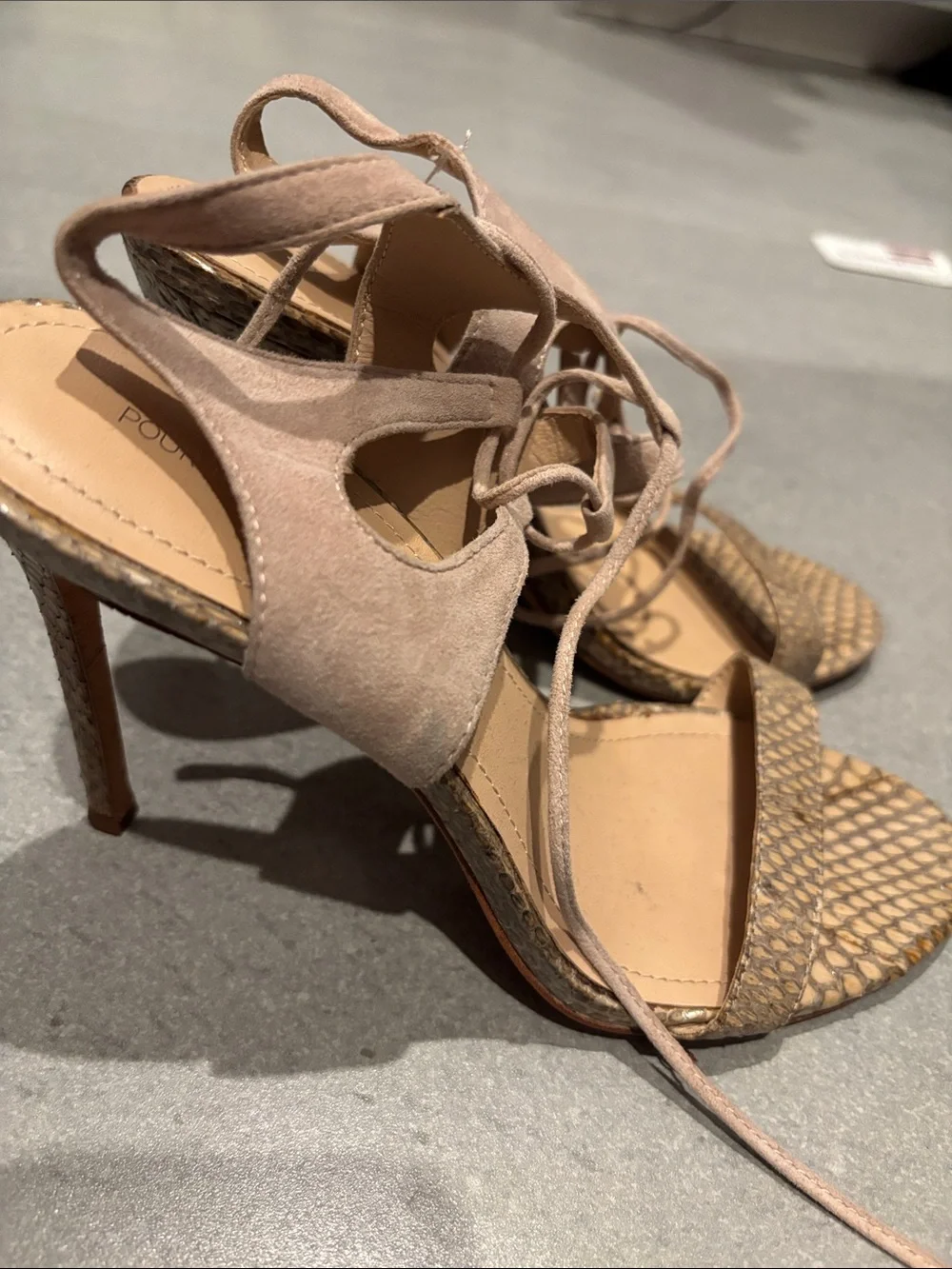 Pour La Victoire Taupe Suede Lace-Up Heels with Snake-Print Toe Strap